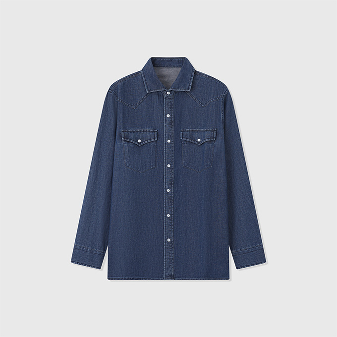 brunello cucinelli washed denim western style long sleeve button up shirt